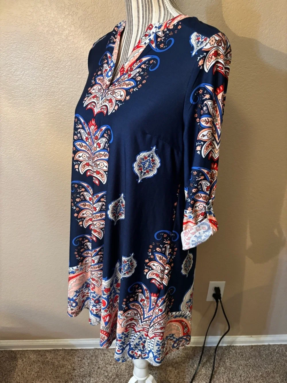 New Directions Dress Small Petite Navy Blue Paisley Floral Orange Red Mini Boho
